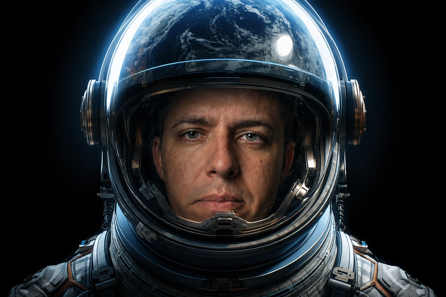 Hubert Alves usando um traje de astronauta com o reflexo da Terra no capacete