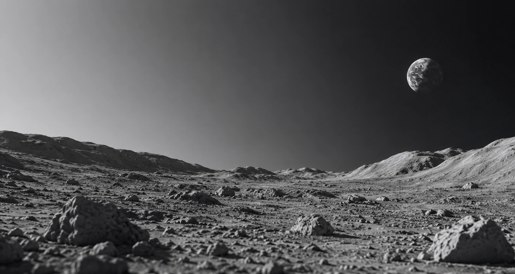 Paisagem lunar em preto e branco com a Terra ao fundo