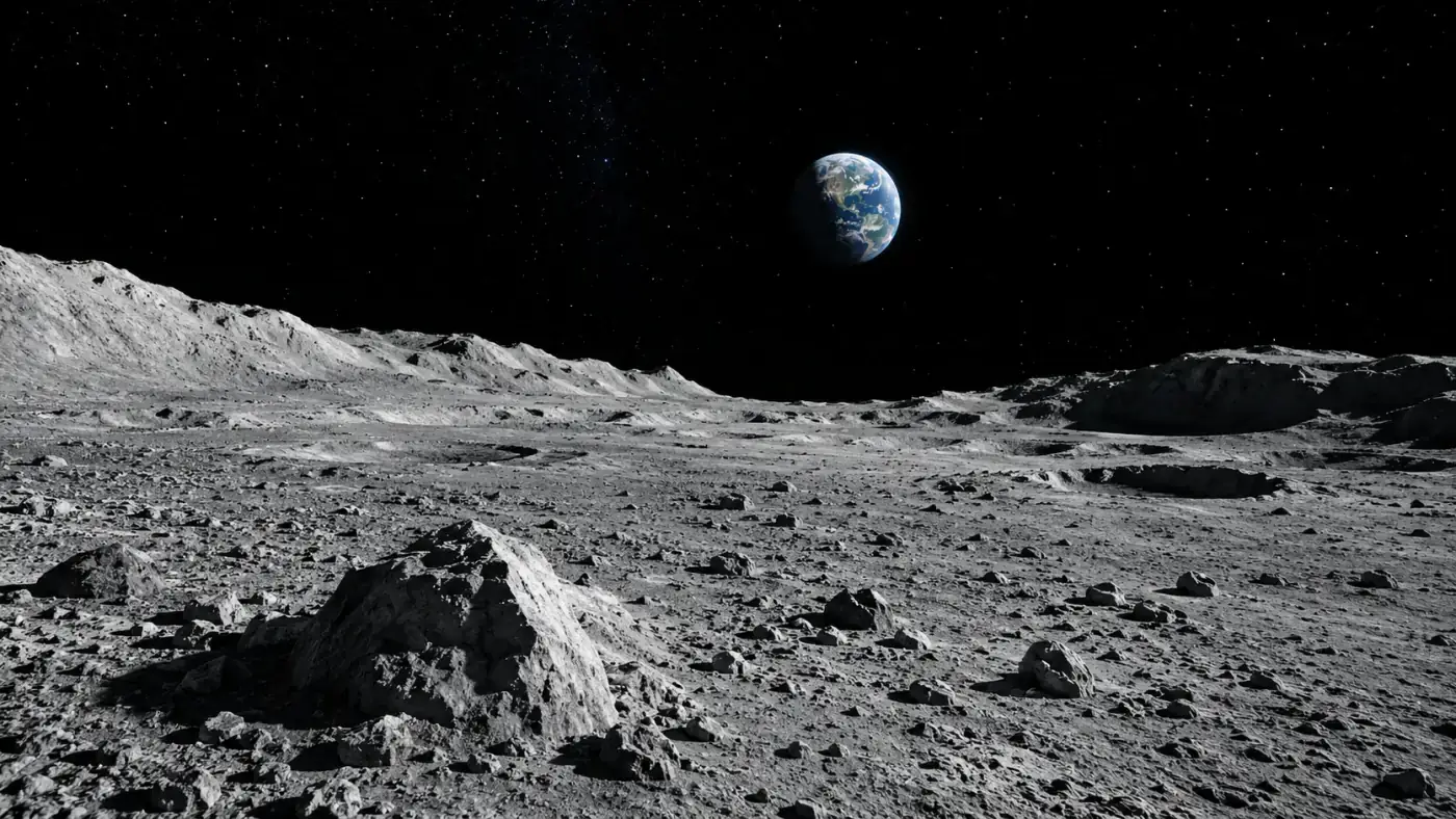 Paisagem lunar com a Terra no horizonte