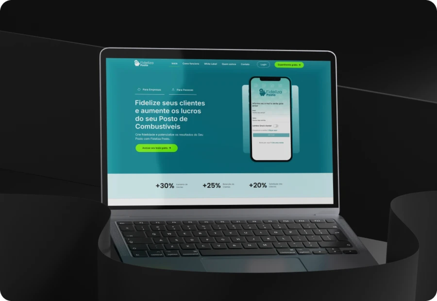 Notebook apresentando a landing page da Fideliza Posto